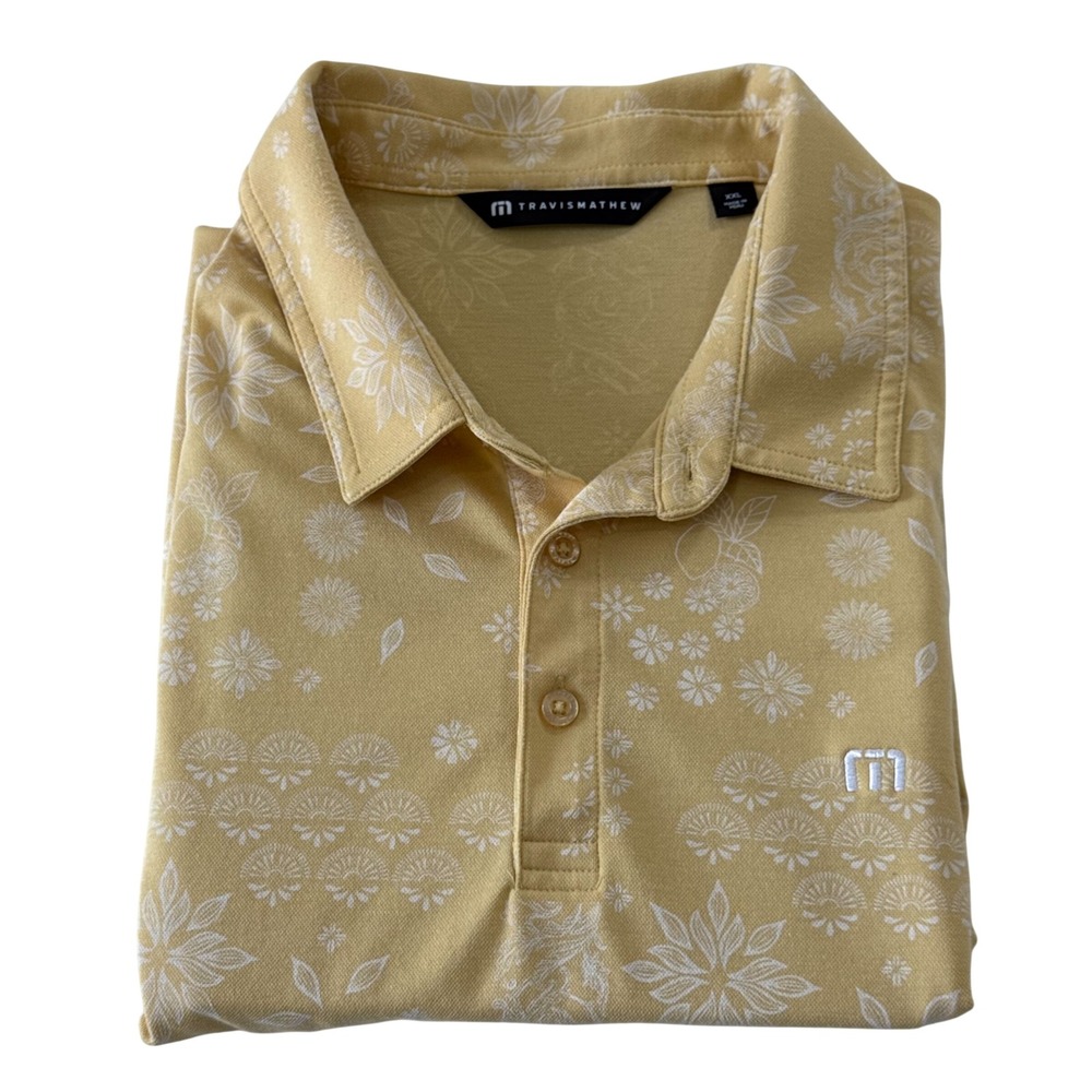 TravisMathew Mens XXL Yellow Floral Print Short Sleeve Golf Polo Shirt XXL
